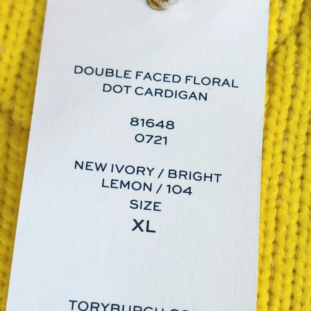 Tory Burch Sweater Womens XL Double Faced Floral Dot Cardigan Ivory/Lemon $598